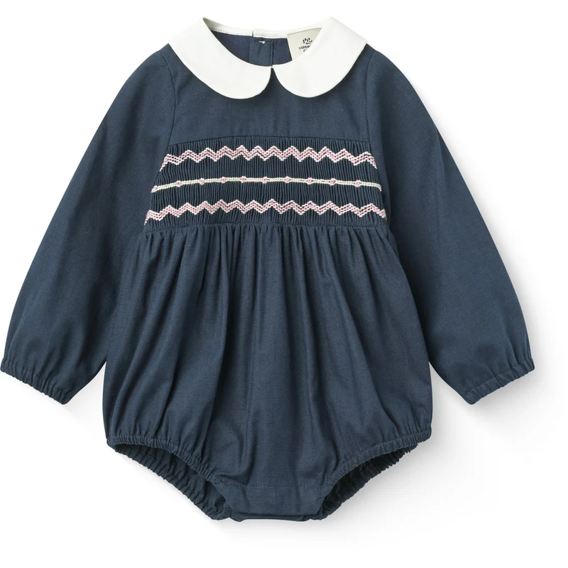 COPENHAGEN COLORS Navy Comb. Romper M/ Smock & Handmade Embroidery