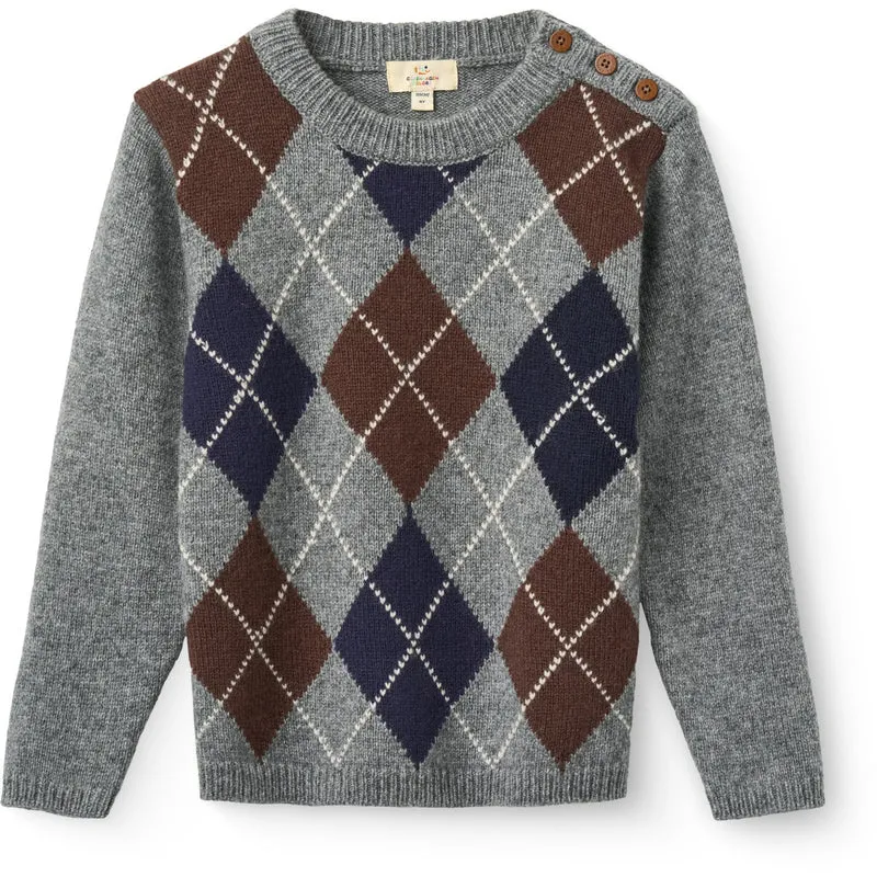 COPENHAGEN COLORS Grey Mel./Dk. Brown/Navy Comb. Argyle Knitted Pullover