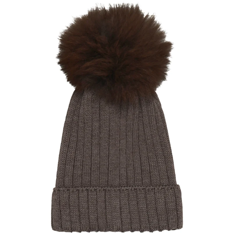 Huttelihut Brown Melange Lue Strikk Alpaca Pompom