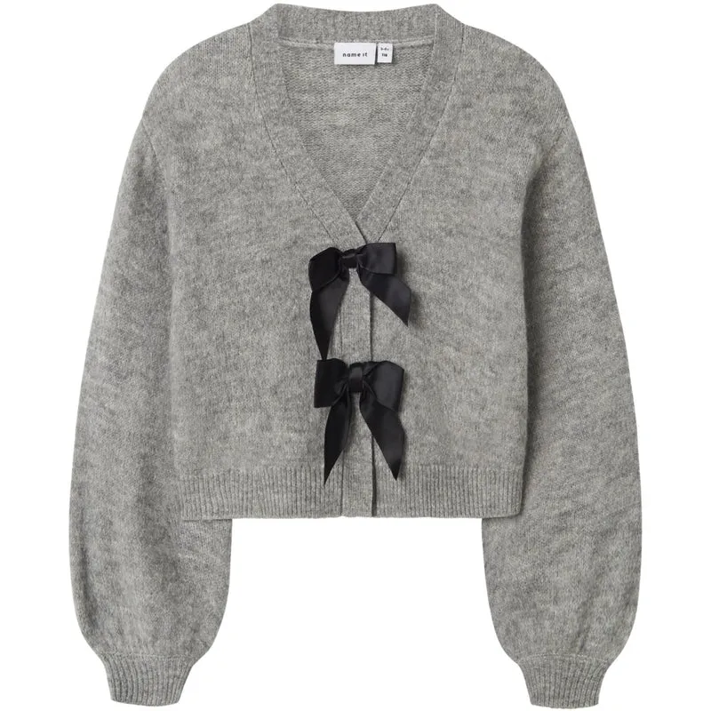 Name It Grey Melange Black Bow Nkfrina Ls Strikk Card Noos