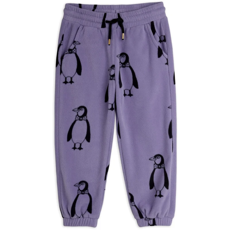 Mini Rodini Purple Penguin AOP Fleece Trousers