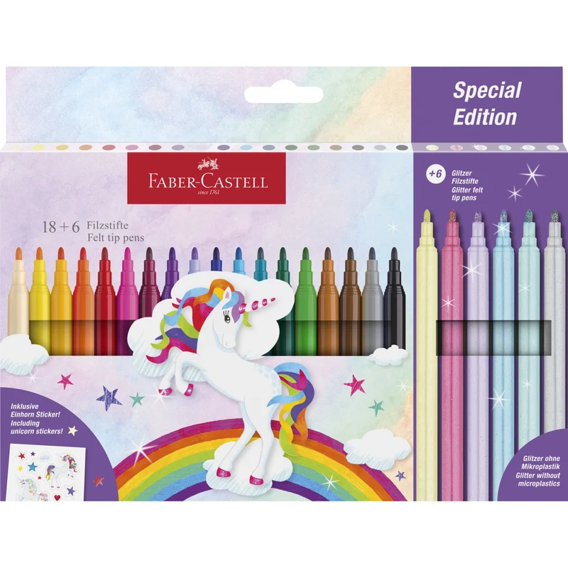 Faber-Castell enhjørningmarkører - 18 farger + 6 glittermarkører