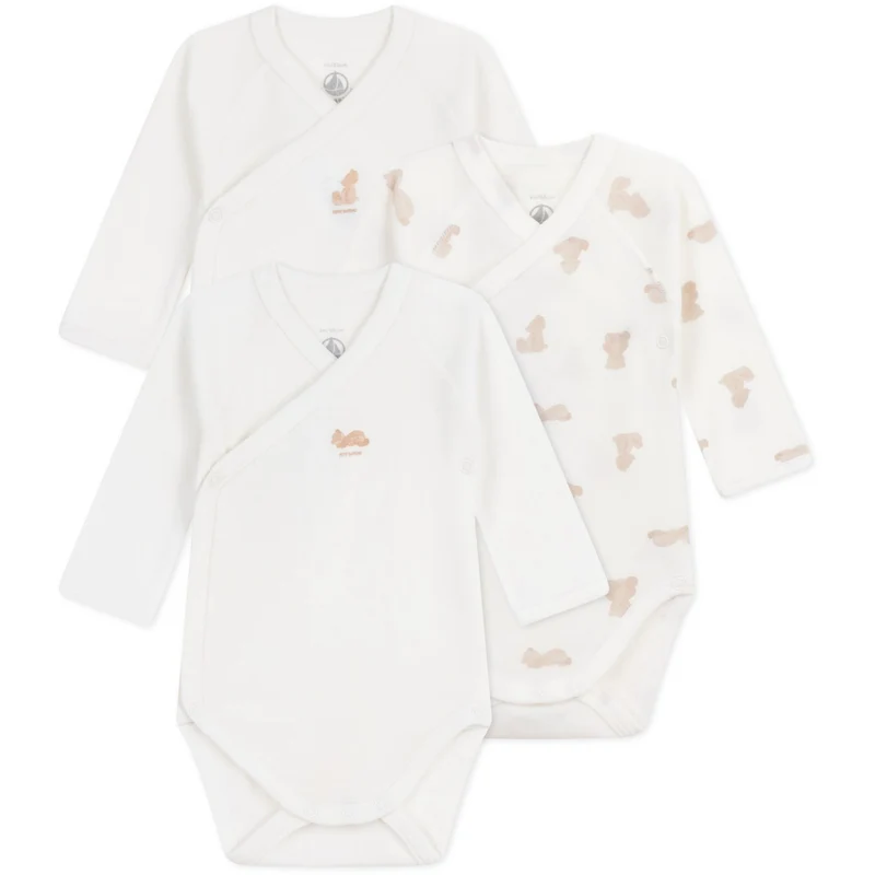 Petit Bateau Marshmallow/Brown Long Sleeve Body 3-Pack