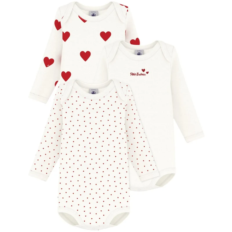 Petit Bateau Hearts/White Langermet Body 3-pack