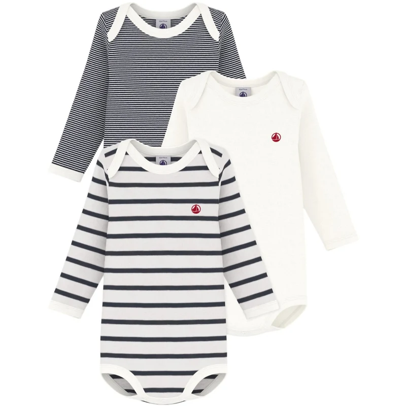 Petit Bateau Navy/White Langermet Bodysuit 3-pakning