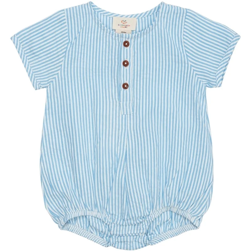 Copenhagen Colors Sky Blue W Cream Stripe Seersucker Romper m. ermer