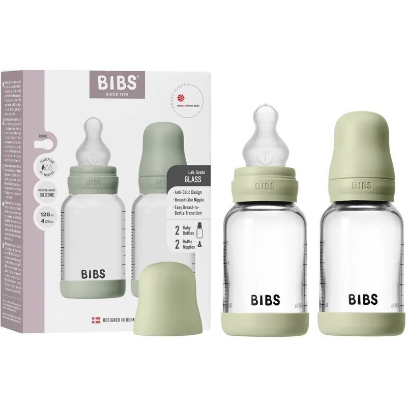 Bibs Sage Glass Baby Flaske Round Silikon 2-Pakning 120 Ml Slow Flow