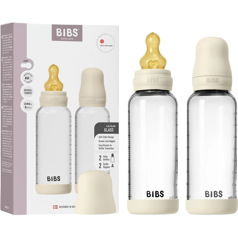 Bibs Ivory Glass Baby Flaske Round Latex 2-Pakning 240 Ml Medium Flow