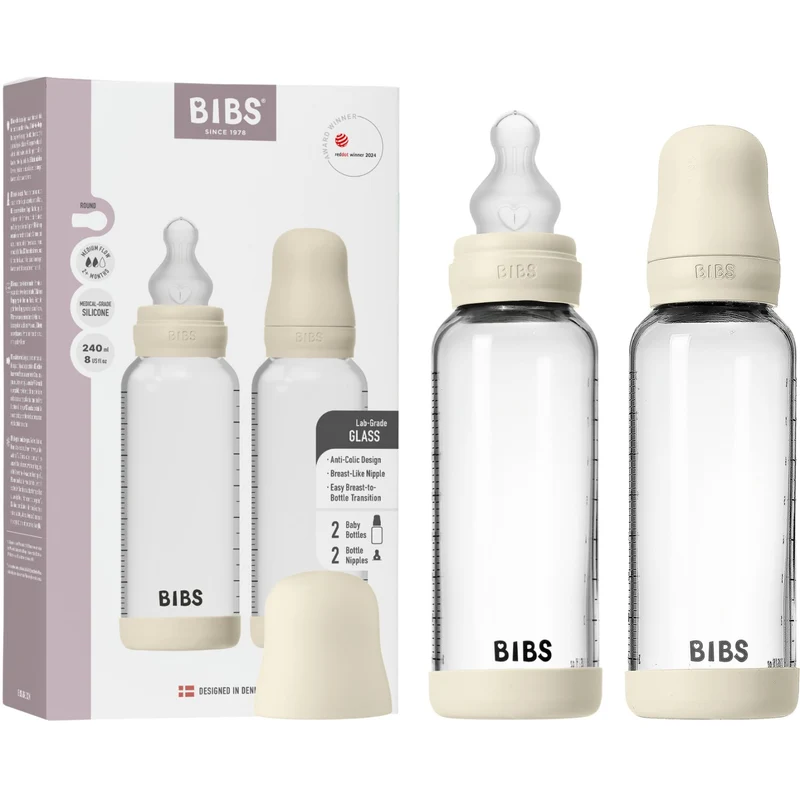 Bibs Ivory Glass Baby Flaske Round Silikon 2-Pakning 240 Ml Medium Flow