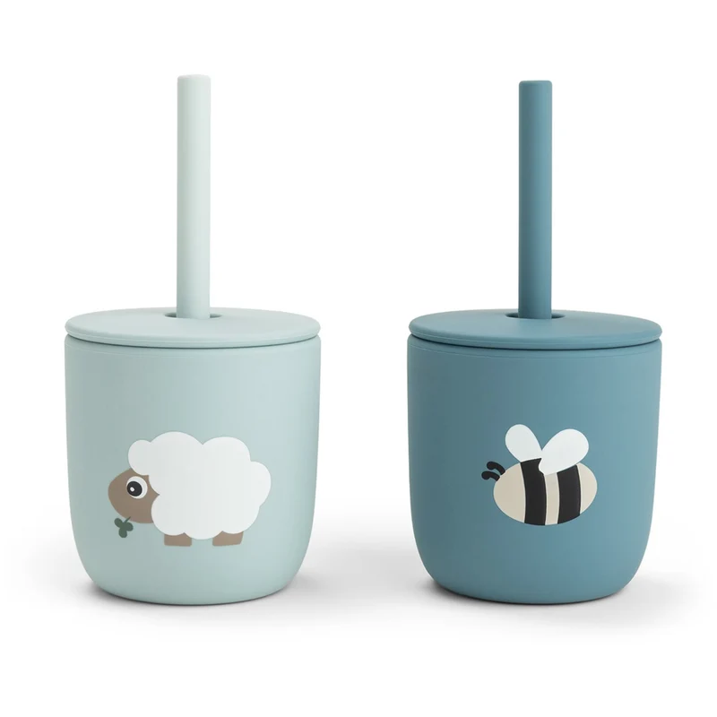 DonebyDeer Tiny Farm Blue Silikon Sugerørskop 2-Pakning