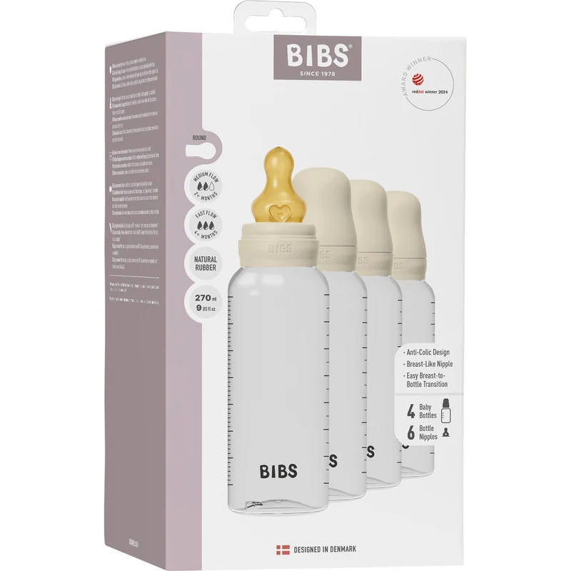 Bibs Ivory Baby Flaske Round Latex 4-Pakke