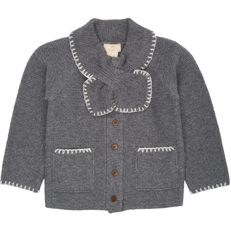 COPENHAGEN COLORS Dk Grey/Cream Comb. Lambswool Cardigan W. Halsbånd
