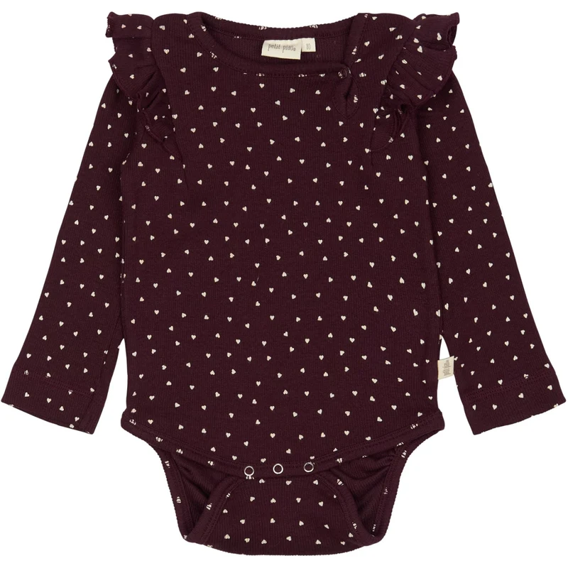 Petit Piao Dark Grape/White Body L/S Frill Modal Heart