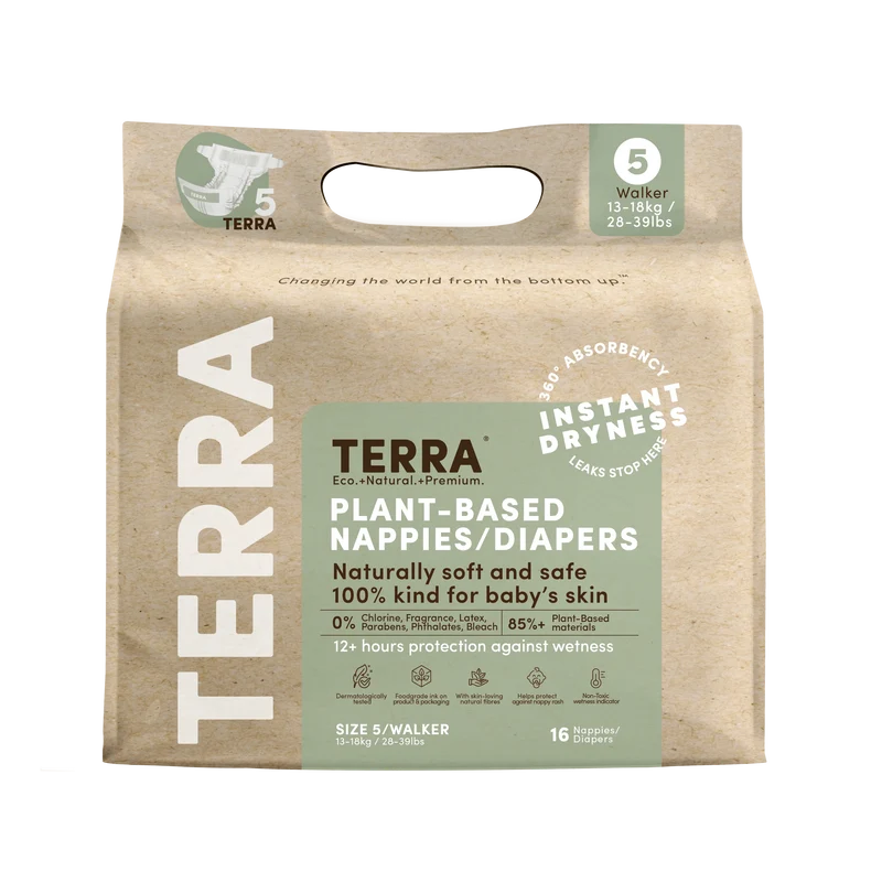 Terra Baby Size 5 Diapers-Walker 28-39 lbs. 16pk