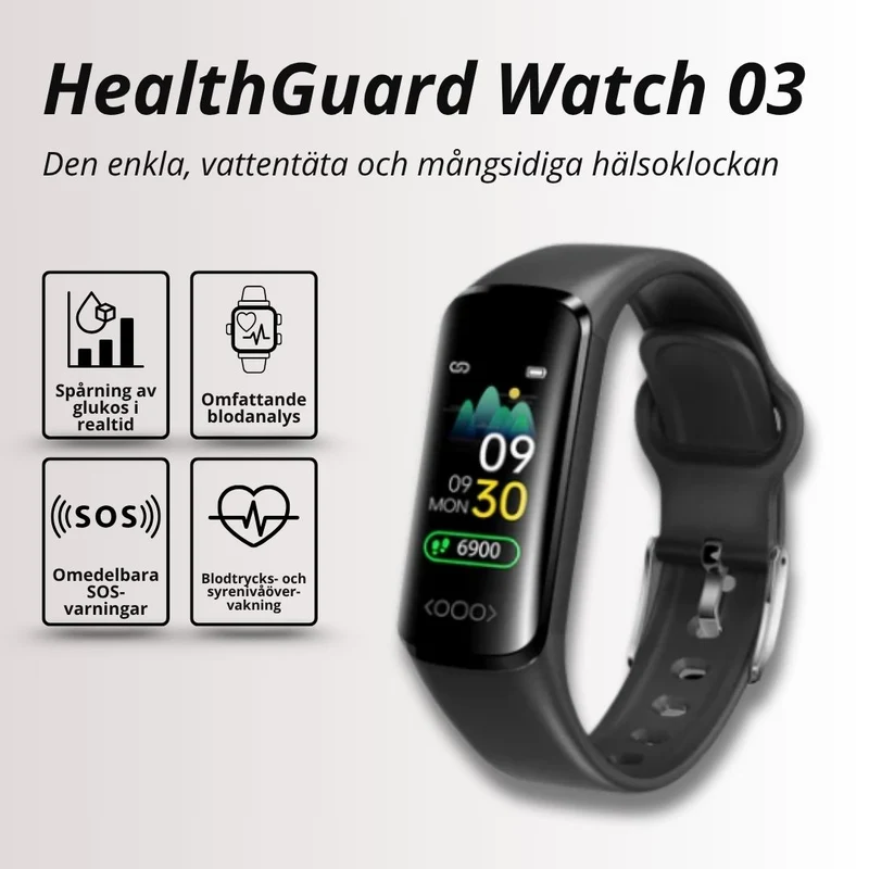 HealthGuard Watch 03 – Hälsoklocka med Puls, Blodtryck & Sportlägen