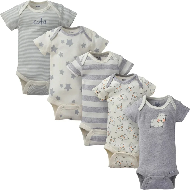 Gerber Childrenswear Organic 5-Pack Baby Neutral Sheep Short-Sleeve Onesies