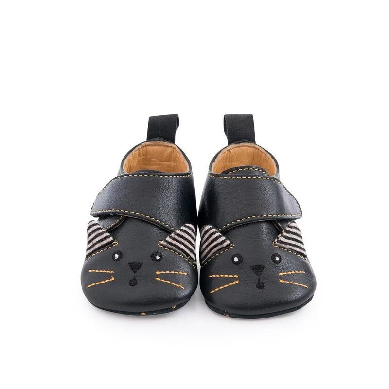 Moulin Roty - Black Cat Leather Slippers 0-6m